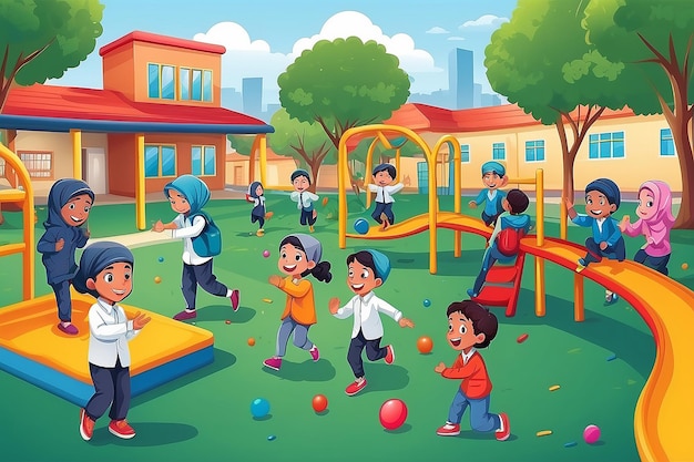 Een vectorillustratie van moslimkinderen die tijdens de pauze op de speeltuin van de school spelen