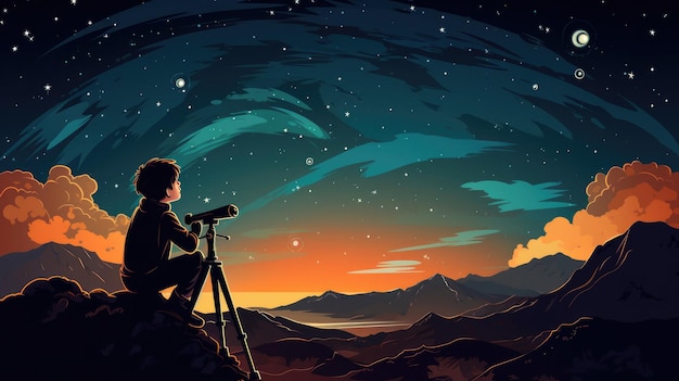 Een vectortekenfilmjongen met een telescoop die naar de sterren kijkt
