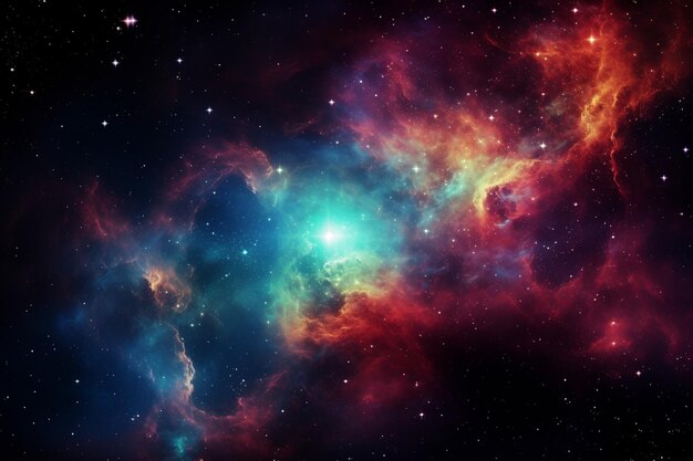 Een veelkleurige nevel met een kosmische achtergrond met sterrenstof en schitterende sterren