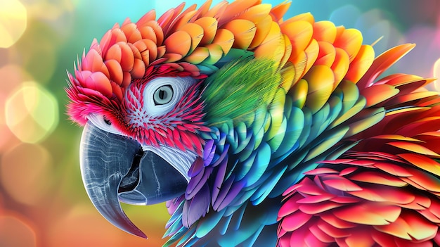 Foto een veelkleurige papegaai met levendige veren en een nieuwsgierige uitdrukking de papegaai staat tegen een zachte achtergrond