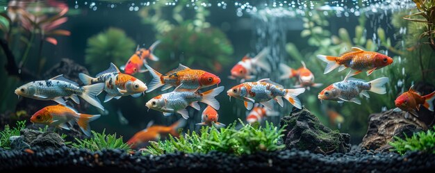 Een veelkleurige school koi-vissen in een aquarium met helder water