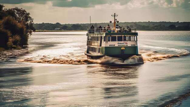 Een veerboot die een rivier oversteekt, is door AI gegenereerd