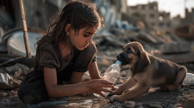 Een veerkrachtig meisje vindt troost in een tedere omhelzing met een trouwe hond in het oorlogsgebied