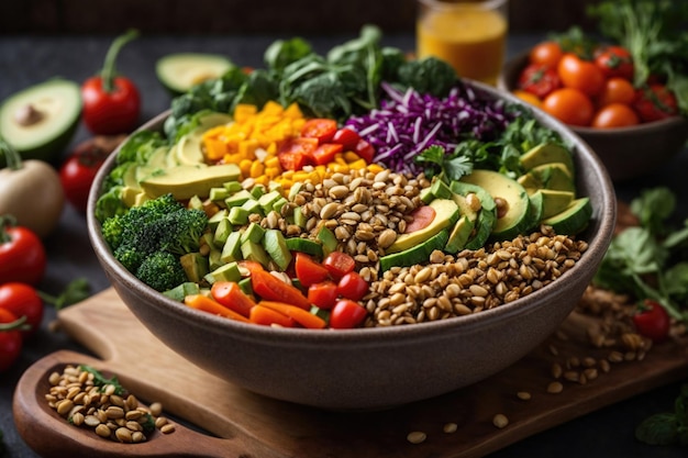 Een vegan Buddha bowl gevuld met diverse verse groenten en granen