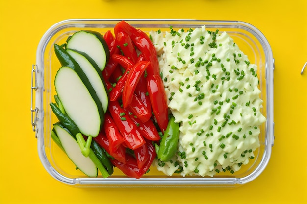 Een veganistische lunchbox met levendige kleuren en verse ingrediënten die het concept van gezond eten in elk detail overbrengt gegenereerd door AI