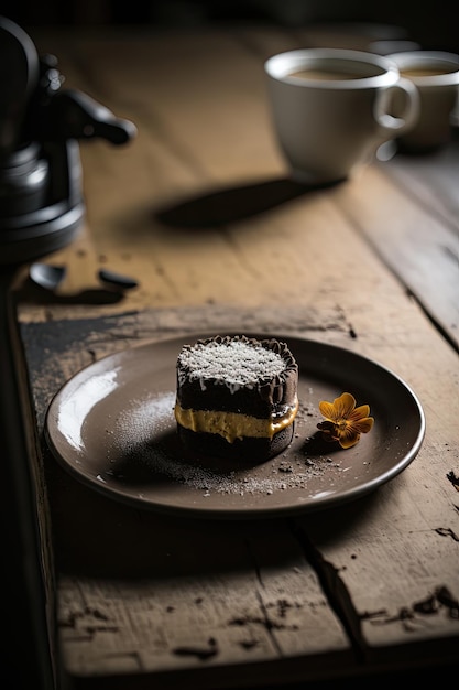 Een veganistische mini-espressocake op een documentar van een keramisch bord