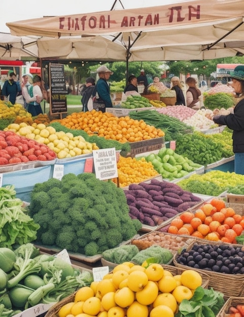 Een veganistischvriendelijke boerenmarkt vol verse producten en kleurrijke feestborden