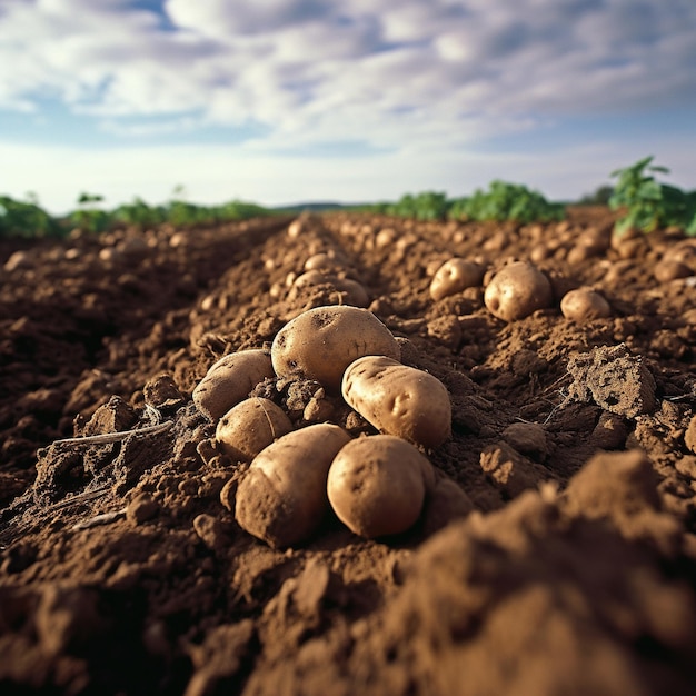 Een veld aardappelen met een blauwe lucht op de achtergrond.