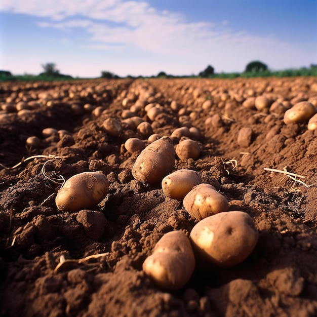 Foto een veld aardappelen met een blauwe lucht op de achtergrond.