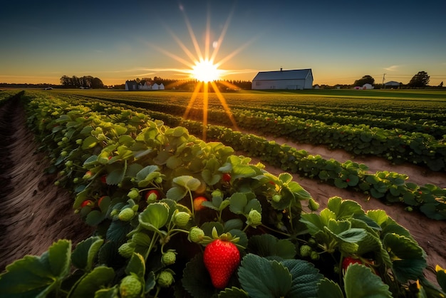 Een veld aardbeien met de zon erachter.