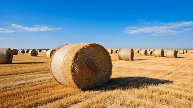 Foto een veld bezaaid met vers gemaakte stroobalen en een heldere blauwe hemel