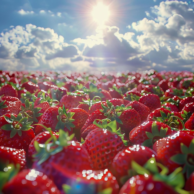 Foto een veld met aardbeien waar de zon door schijnt.