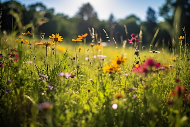 Een veld met bloemen in een veld met een blauwe lucht op de achtergrond