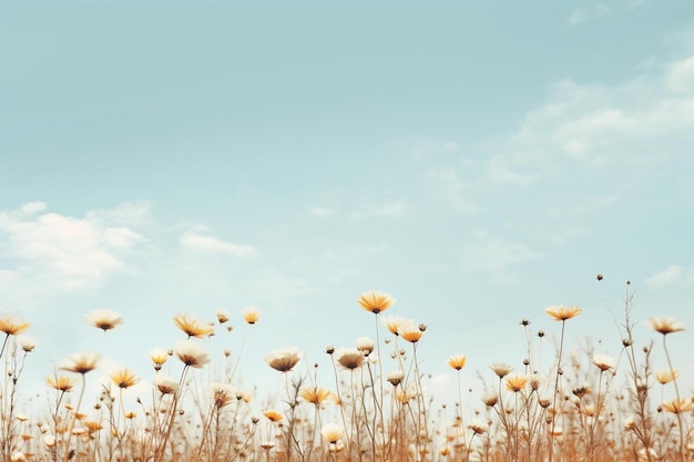 een veld met bloemen met de lucht op de achtergrond