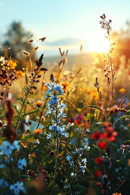een veld met bloemen met de ondergaande zon op de achtergrond