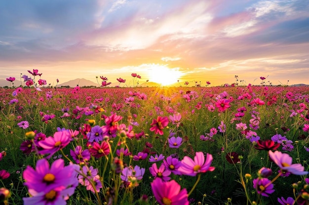 een veld met bloemen met de ondergaande zon op de achtergrond