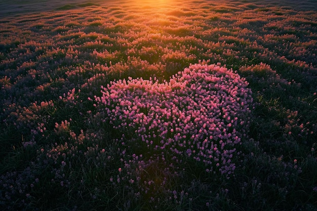 een veld met bloemen met de ondergaande zon op de achtergrond