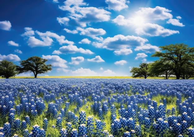 Een veld met bluebonnets onder een helderblauwe lucht