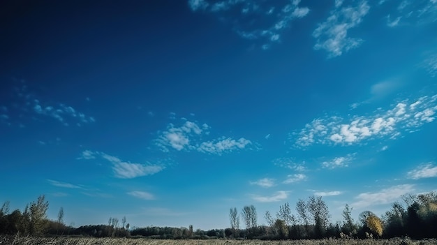 Een veld met bomen en een blauwe lucht met wolken