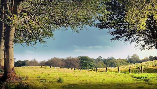 Een veld met bomen en een blauwe lucht