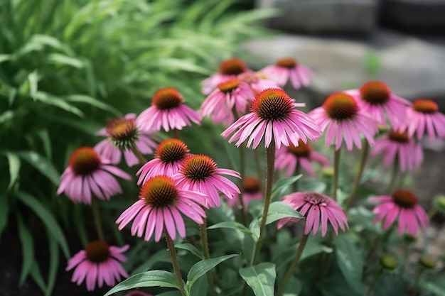 Een veld met echinaceabloemen in een tuin