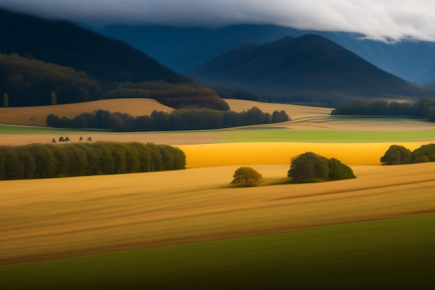 Een veld met een berg op de achtergrond