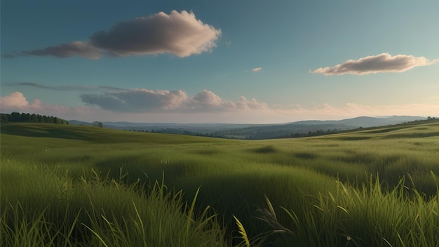 een veld met een bewolkte hemel en de zon schijnt door het gras