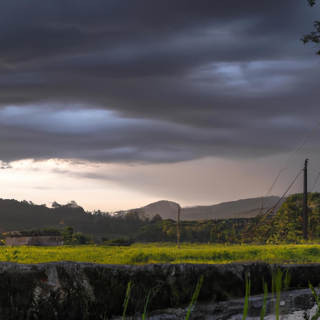 Een veld met een bewolkte lucht en een veld met bomen op de voorgrond.