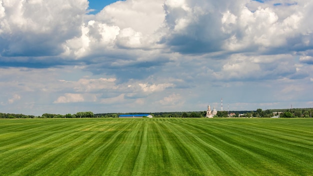 Een veld met een blauwe lucht en wolken