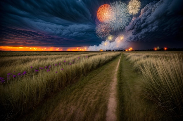 Foto een veld met een vuurwerk in de lucht