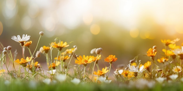 Een veld met gele bloemen in het gras