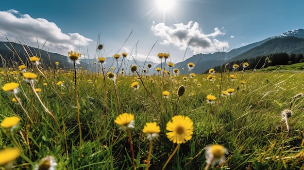 Een veld met gele bloemen met bergen op de achtergrond