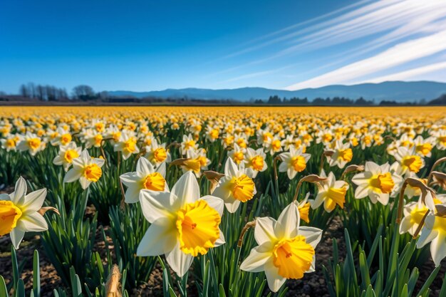 Foto een veld met gele bloemen met een zon op de achtergrond