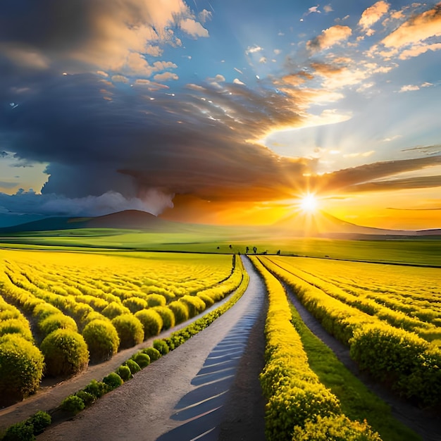 Een veld met gele bloemen met een zonsondergang op de achtergrond.