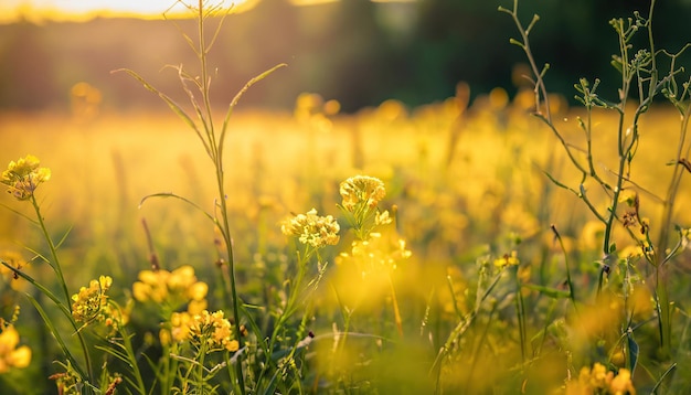 Een veld met gele bloemen met het woord lente erop