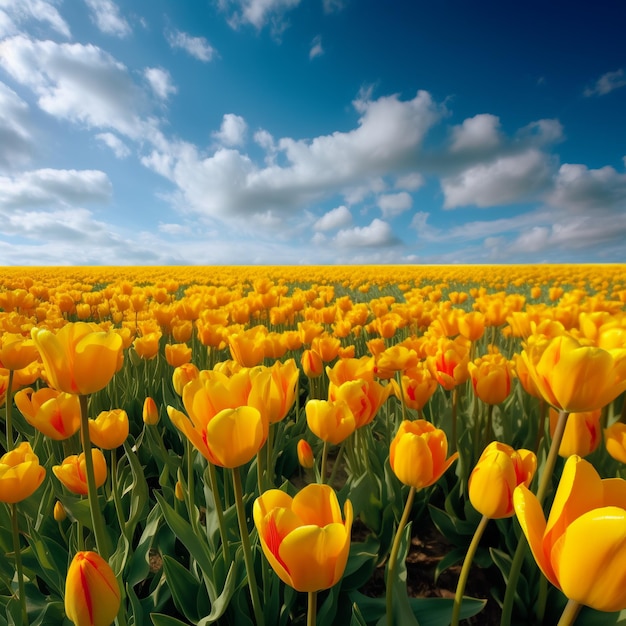 Een veld met gele tulpen met een blauwe lucht op de achtergrond.