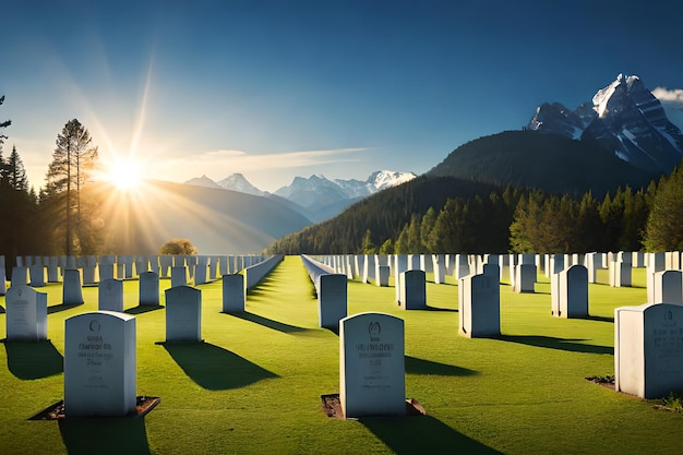 Een veld met graven met bergen op de achtergrond