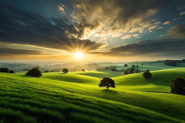 Een veld met groen gras met een zonsondergang op de achtergrond