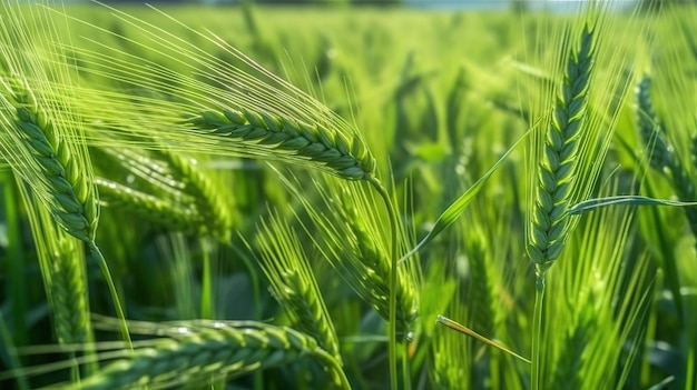 Een veld met groene tarwe waar rechtsboven de zon schijnt.