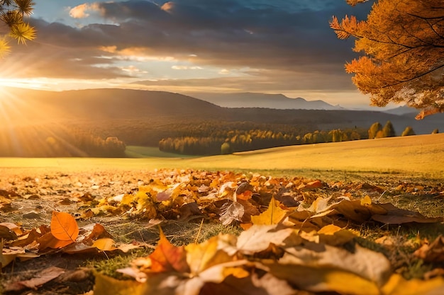 Een veld met herfstbladeren op de grond