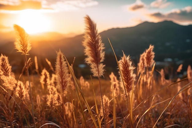 een veld met hoog gras met de ondergaande zon op de achtergrond