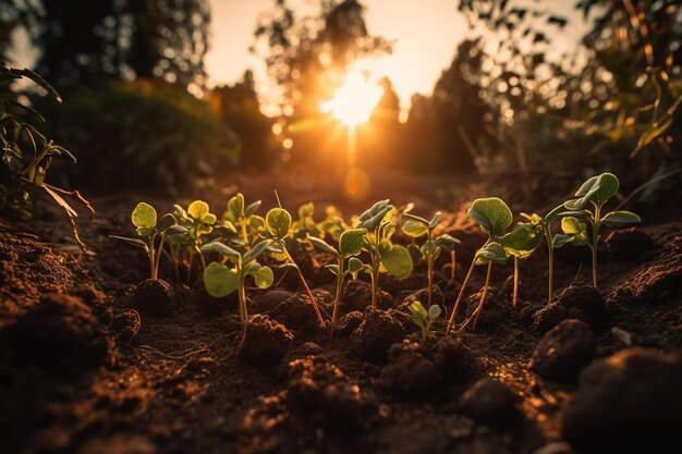 Een veld met jonge planten met daarachter de ondergaande zon