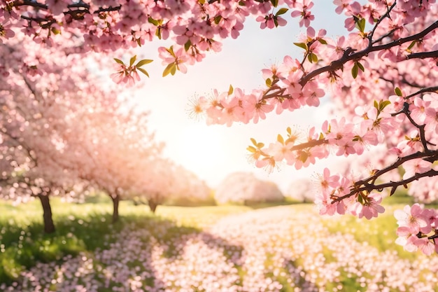 Een veld met kersenbloesems met de zon die door de wolken schijnt.