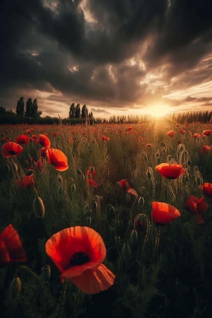 Een veld met klaprozen met daarachter de ondergaande zon