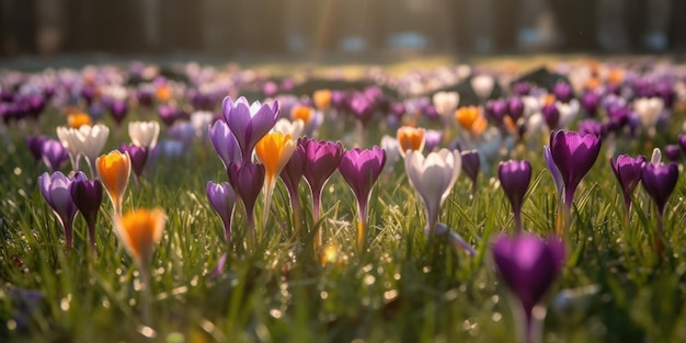 Een veld met krokusbloemen in het zonlicht