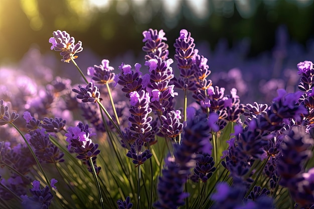 Een veld met lavendelbloemen met aan de linkerkant de zon.