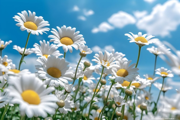 Een veld met madeliefjes met de lucht op de achtergrond