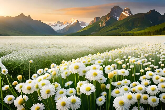 Een veld met madeliefjes voor een bergketen.