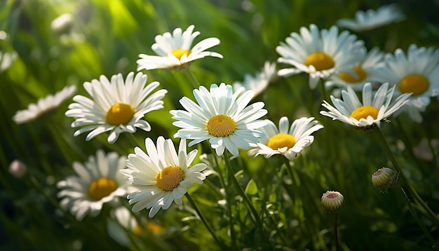 Een veld met madeliefjes waar de zon op schijnt