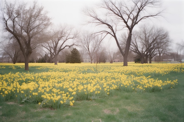 Een veld met narcissen voor een huis